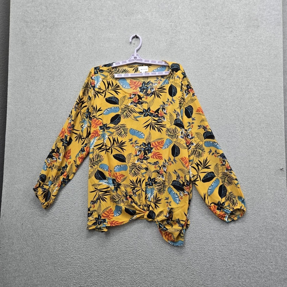 Avenue Women Blouse 18/20 Yellow Floral Ruffle V-Neck Artsy‎ Office Summer Tunic